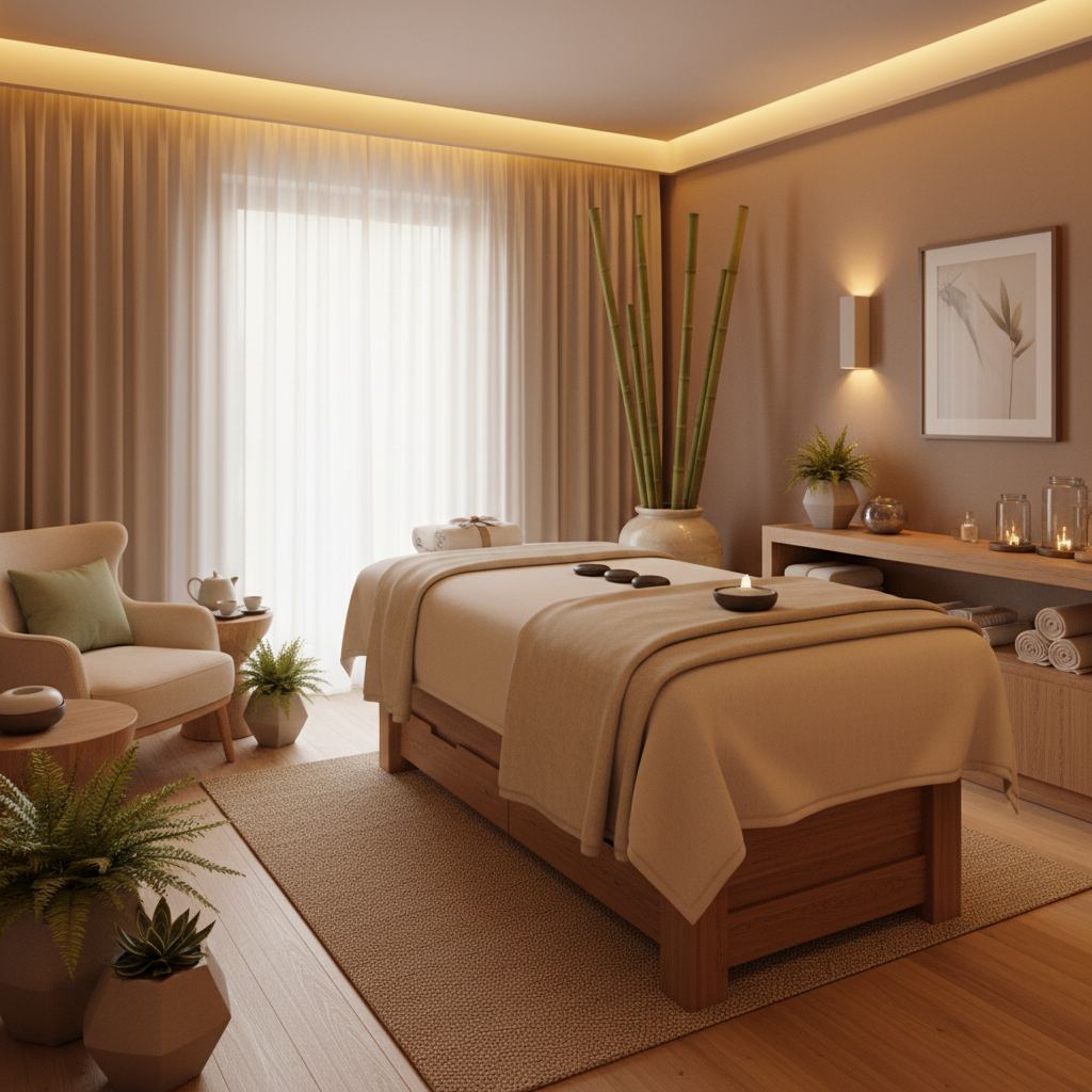 Upscale day spa suite with a massage table dressed in cream linens